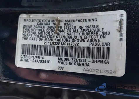 2003 Toyota Matrix Xr z USA, uszkodzony, nr VIN 2T1LR32E13C147872